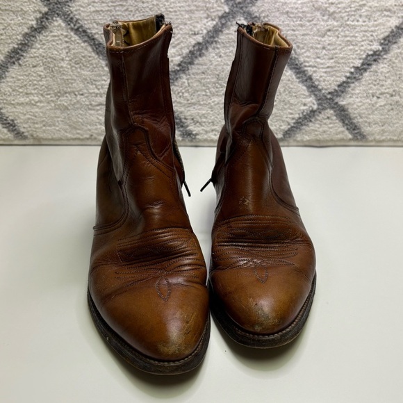 Abilene Men’s 8.5 Side Zip Cowboy Western Ankle Boots Leather Tan Stampede Rodeo - Picture 2 of 13